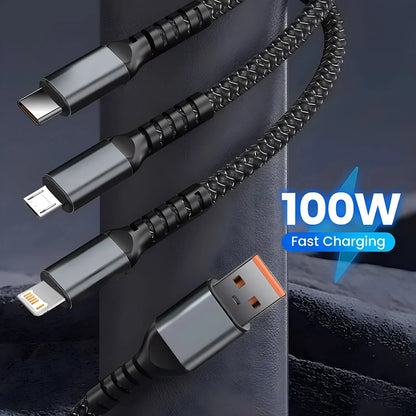 3-in-1 100W Fast Charging Cable for iPhone & Samsung