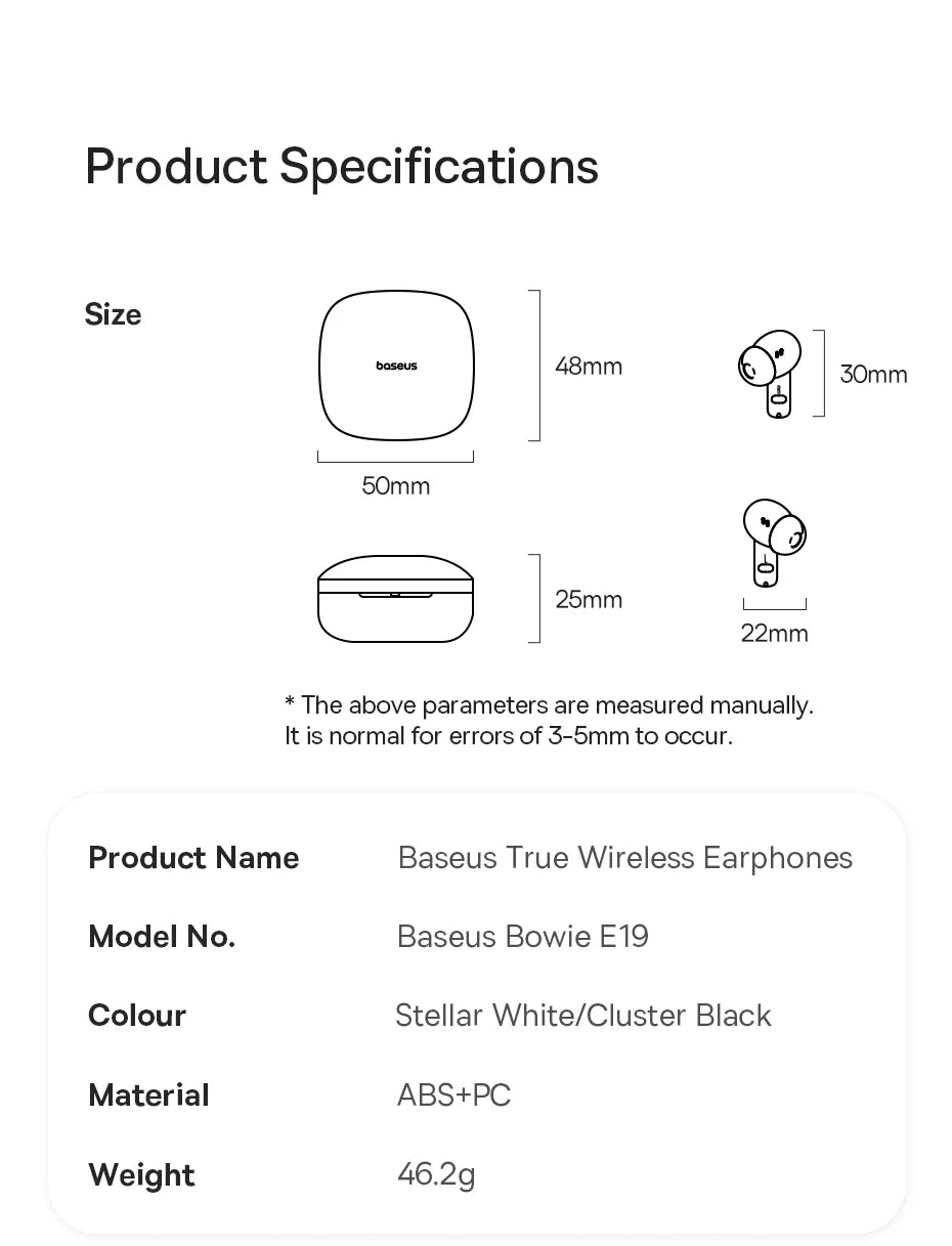 Baseus Bowie E19 Wireless Earphones - Bluetooth 5.3, Big Bass, IPX5 Waterproof