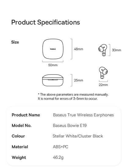 Baseus Bowie E19 Wireless Earphones - Bluetooth 5.3, Big Bass, IPX5 Waterproof