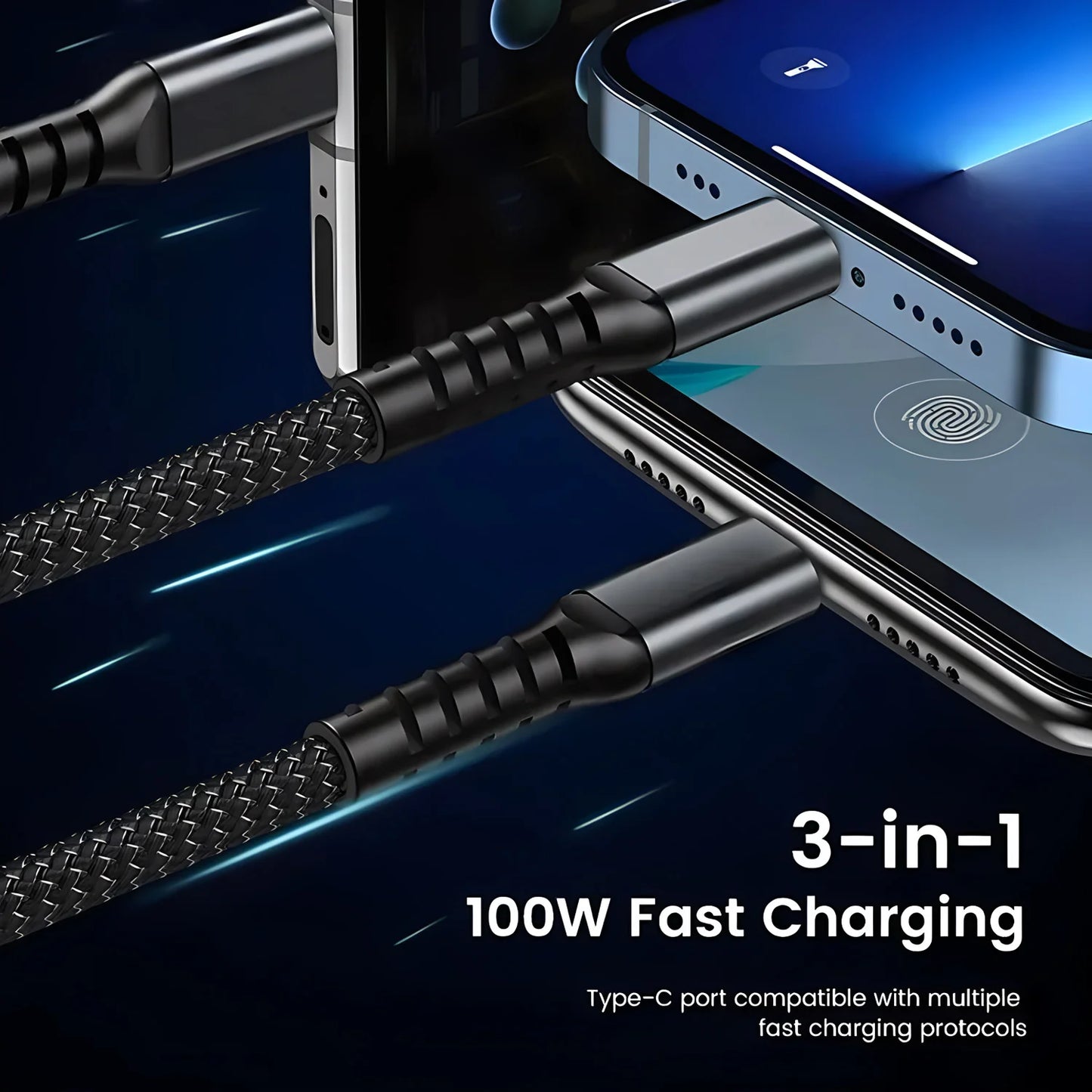 3-in-1 100W Fast Charging Cable for iPhone & Samsung