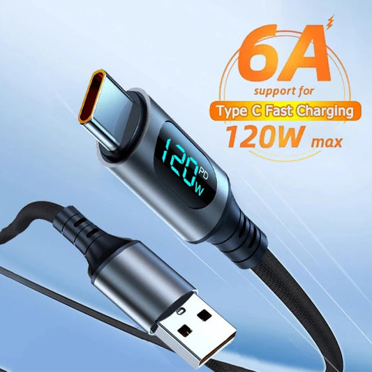 6A 120W USB A to Type C Fast Charge Cable with LED Display