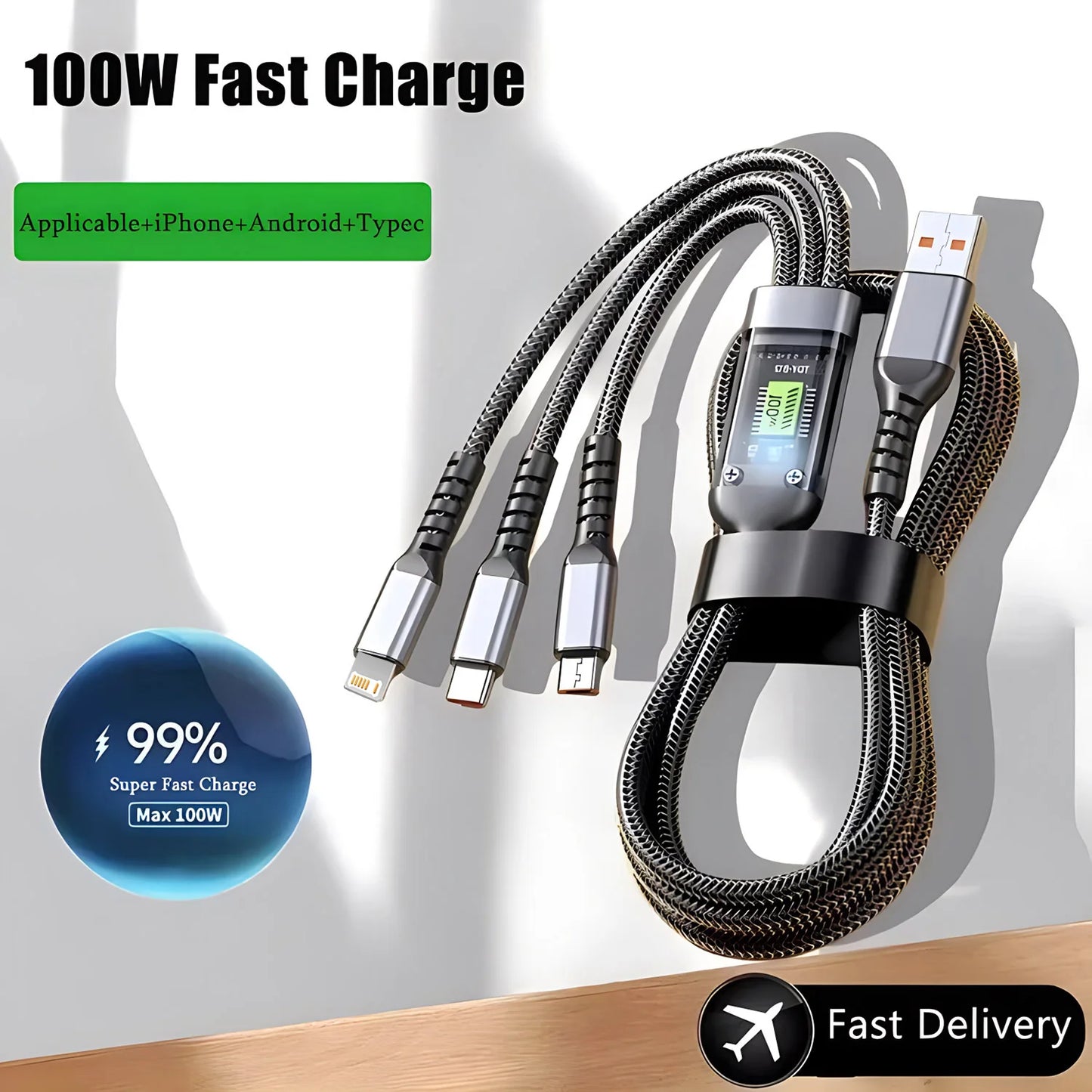 3-in-1 100W Fast Charging Cable for iPhone & Samsung